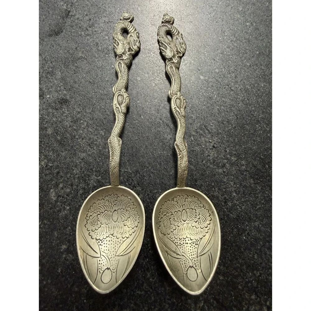 Antique Nagasaki 900 Silver Dragon Handle Demitasse Spoons Pair Japan